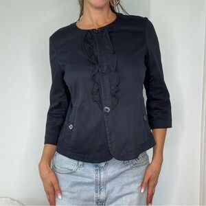 Talbots Navy Ruffle Bib 3/4 Sleeve Blazer Jacket